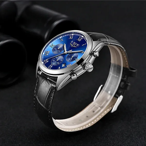 LIGE High End Luxury Mens Watch with Blue Face, 30M Waterproof