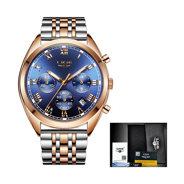 LIGE High End Luxury Mens Watch with Blue Face, 30M Waterproof