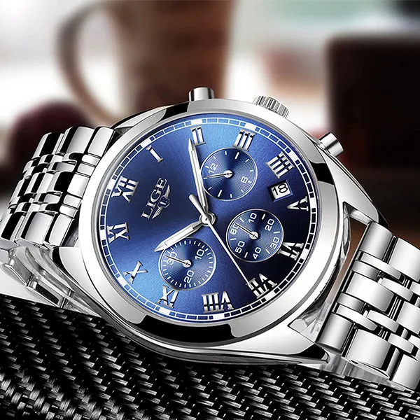 LIGE High End Luxury Mens Watch with Blue Face, 30M Waterproof