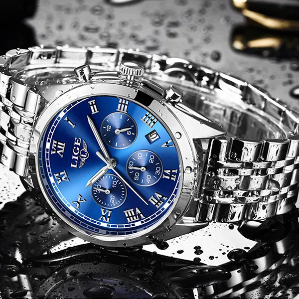 LIGE High End Luxury Mens Watch with Blue Face, 30M Waterproof