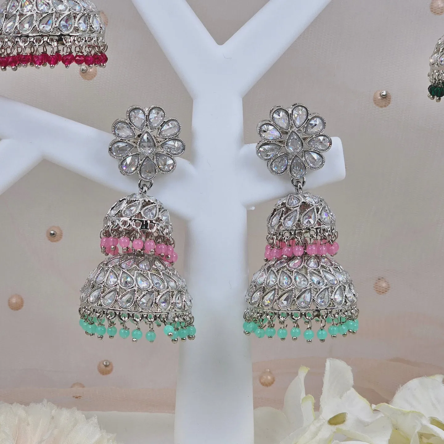 Maira Stunning Silver-Plated Polki Jhumka Earrings with colourfull Accents