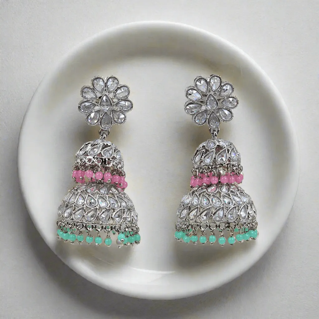 Maira Stunning Silver-Plated Polki Jhumka Earrings with colourfull Accents