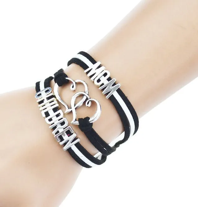 Multilayer Braided Bracelets Antique Alloy Mom Children Alphabet Charm Bracelet Korea Cashmere Leather Bracelet Bangle