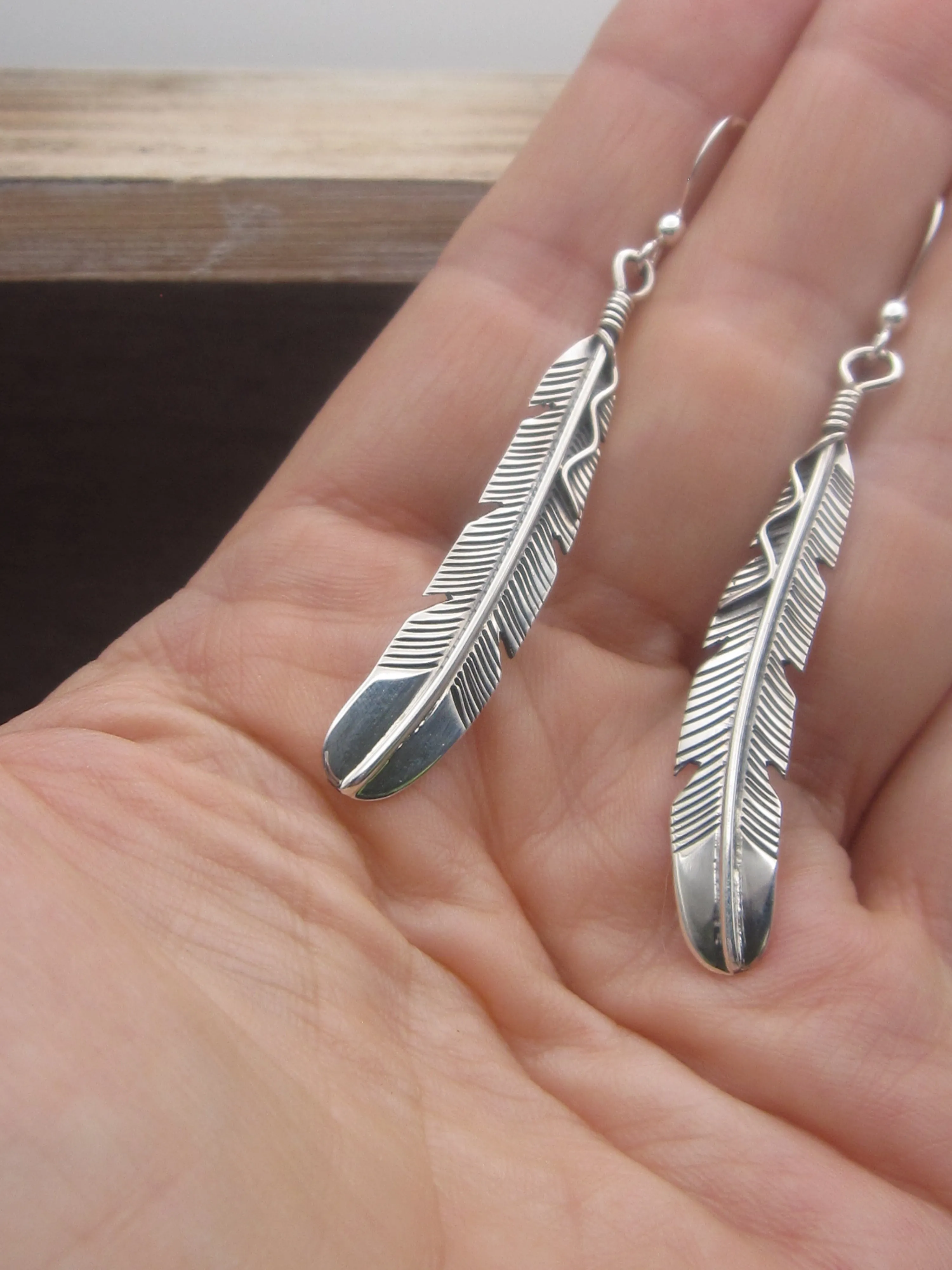 Native American Made Sterling Silver Feather Dangle Earrings