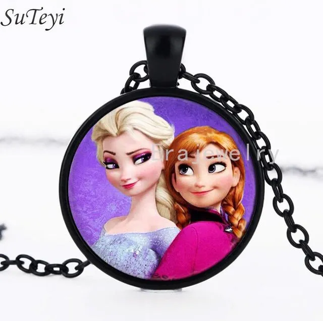 Newest Silver Necklace Elsa Anna Olaf cartoon Girl Jewelry Round Pendant choker Necklace Girls Collar Chain For Children Gift