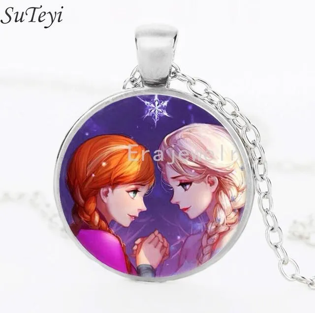 Newest Silver Necklace Elsa Anna Olaf cartoon Girl Jewelry Round Pendant choker Necklace Girls Collar Chain For Children Gift