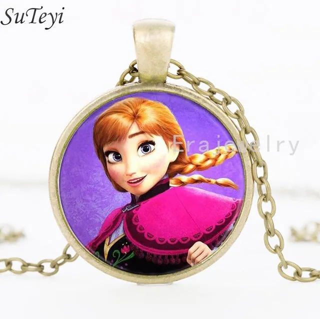 Newest Silver Necklace Elsa Anna Olaf cartoon Girl Jewelry Round Pendant choker Necklace Girls Collar Chain For Children Gift