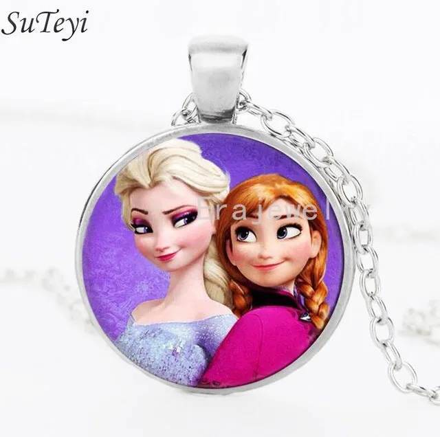 Newest Silver Necklace Elsa Anna Olaf cartoon Girl Jewelry Round Pendant choker Necklace Girls Collar Chain For Children Gift