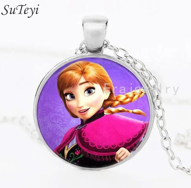 Newest Silver Necklace Elsa Anna Olaf cartoon Girl Jewelry Round Pendant choker Necklace Girls Collar Chain For Children Gift