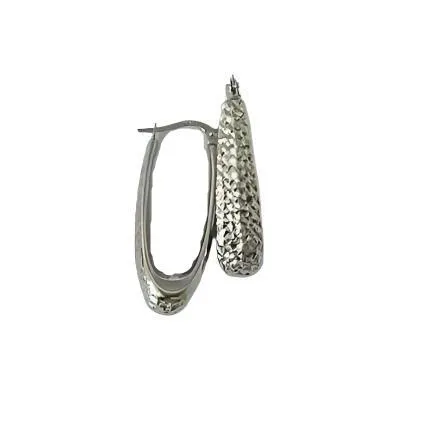 Oval Shaped Textured Hoop Earrings - 14kt White Gold