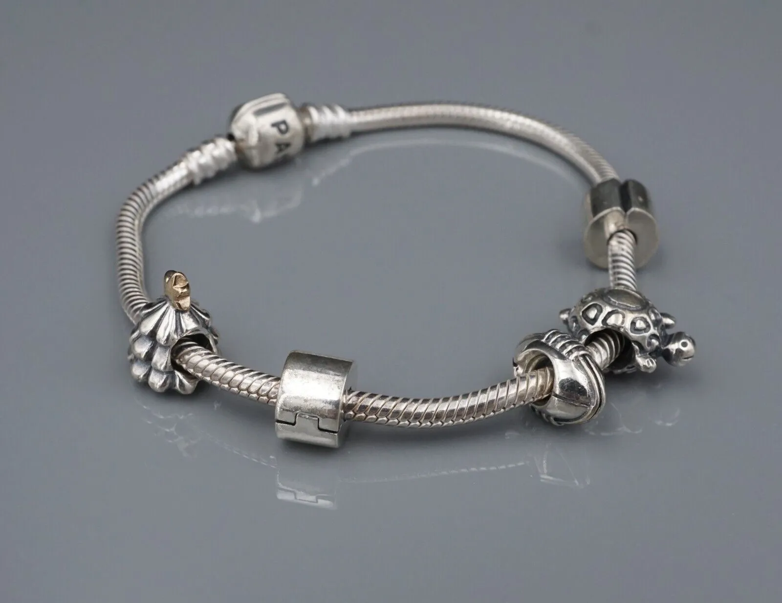 Pandora Loaded Charm Bracelet Sterling Silver 14k Football Tree Turtle 7" BS2712