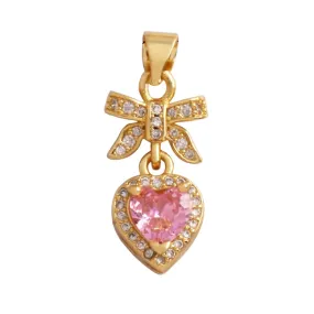 Pave Bow & Pink Heart Charm For Charm Bar & Charm Necklace