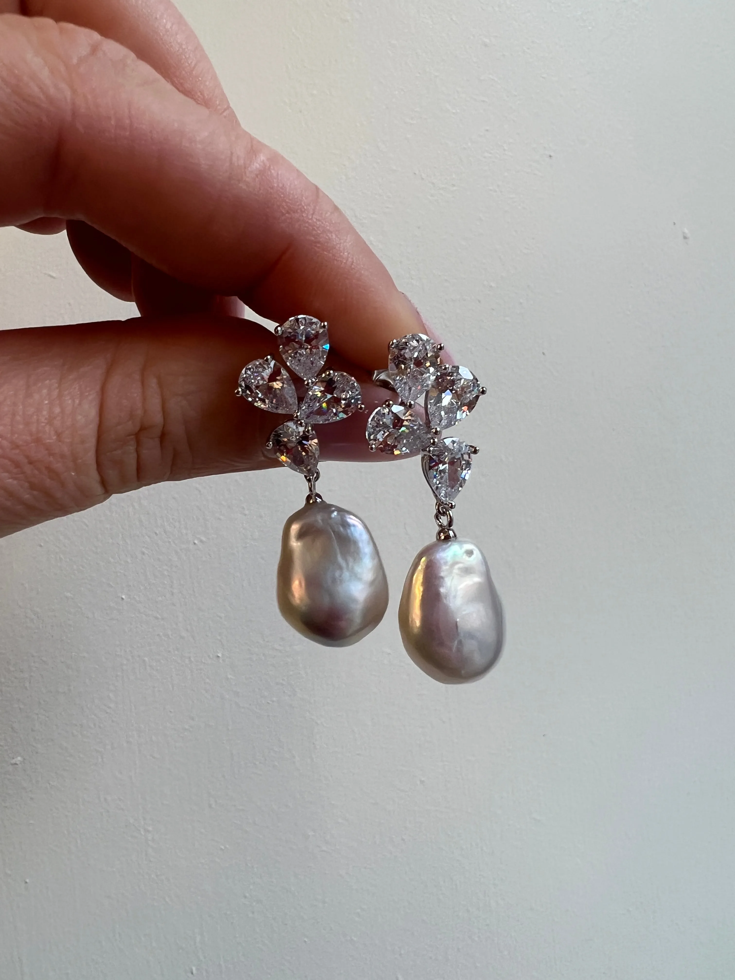 Pear Detail Sterling Silver Keshi Baroque Pearl Drop Earrings