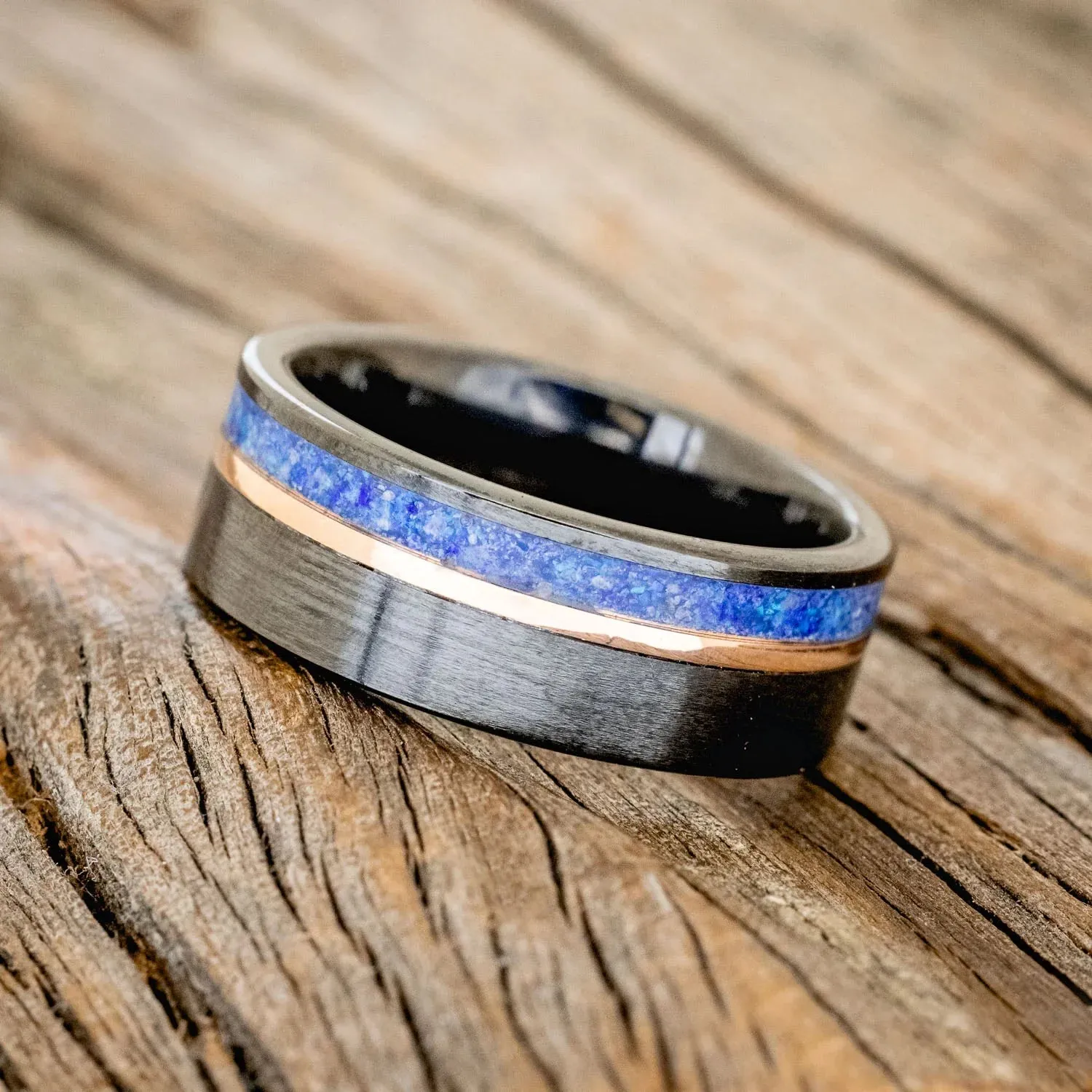 "CASTOR" - LAPIS LAZULI & OPAL MIXTURE WITH A 14K ROSE GOLD INLAY WEDDING RING - BLACK ZIRCONIUM - SIZE 7