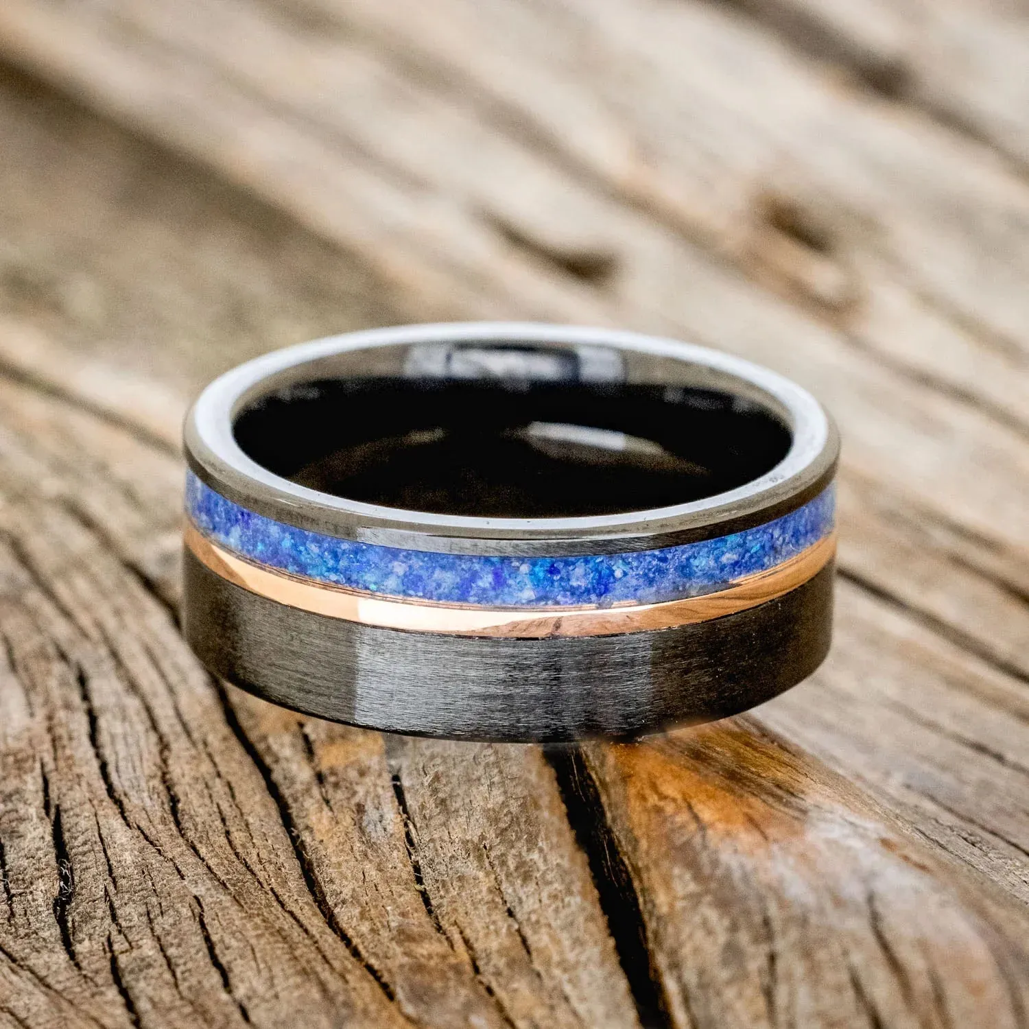 "CASTOR" - LAPIS LAZULI & OPAL MIXTURE WITH A 14K ROSE GOLD INLAY WEDDING RING - BLACK ZIRCONIUM - SIZE 7