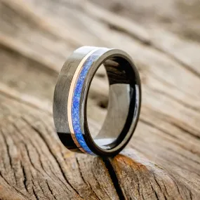 "CASTOR" - LAPIS LAZULI & OPAL MIXTURE WITH A 14K ROSE GOLD INLAY WEDDING RING - BLACK ZIRCONIUM - SIZE 7