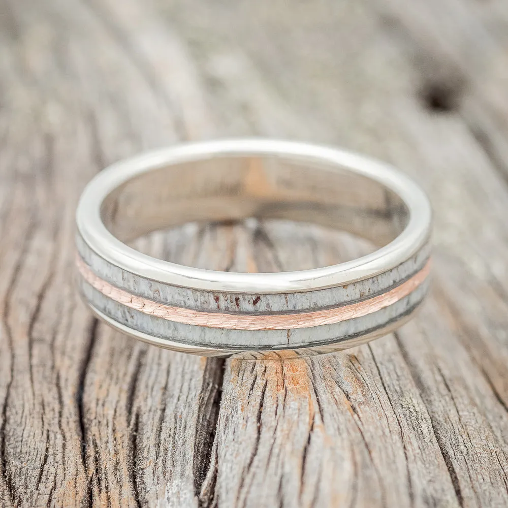 "DYAD" - ELK ANTLER WEDDING BAND WITH A HAMMERED 14K GOLD INLAY - 14K WHITE GOLD - SIZE 7 1/2