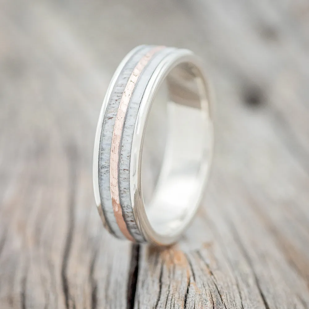 "DYAD" - ELK ANTLER WEDDING BAND WITH A HAMMERED 14K GOLD INLAY - 14K WHITE GOLD - SIZE 7 1/2