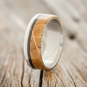 "EZRA" - WHISKEY BARREL & CHARRED WHISKEY BARREL WEDDING BAND - DAMASCUS STEEL - SIZE 10 1/2