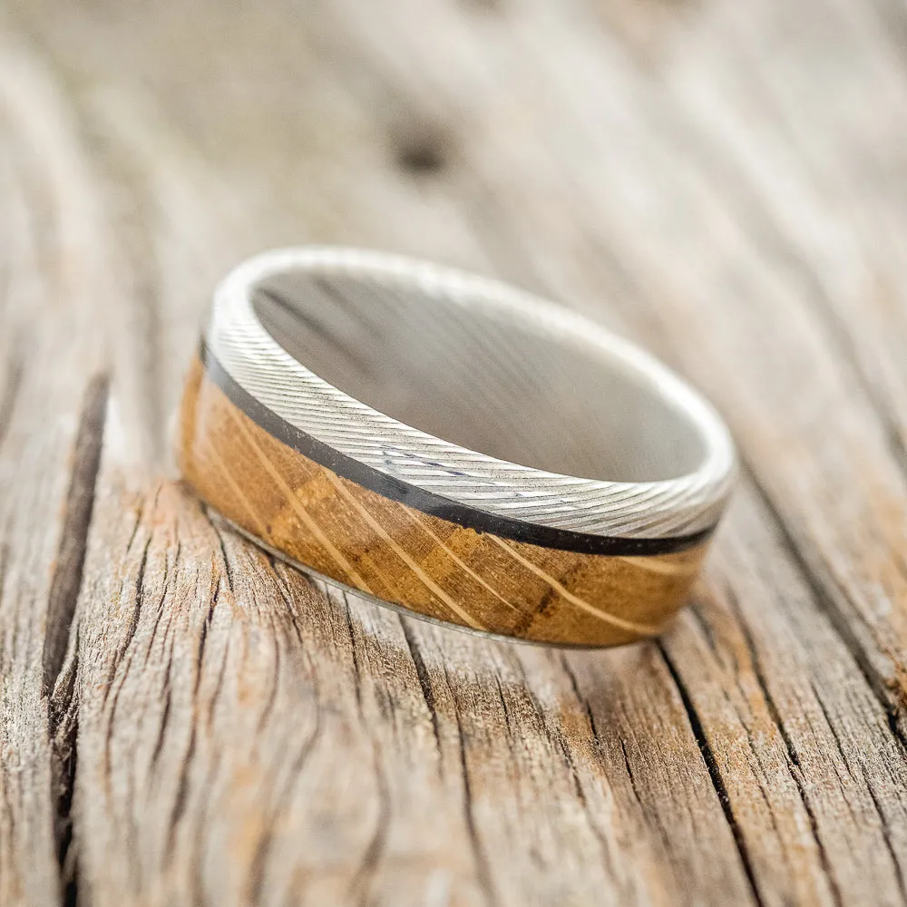 "EZRA" - WHISKEY BARREL & CHARRED WHISKEY BARREL WEDDING BAND - DAMASCUS STEEL - SIZE 10 1/2