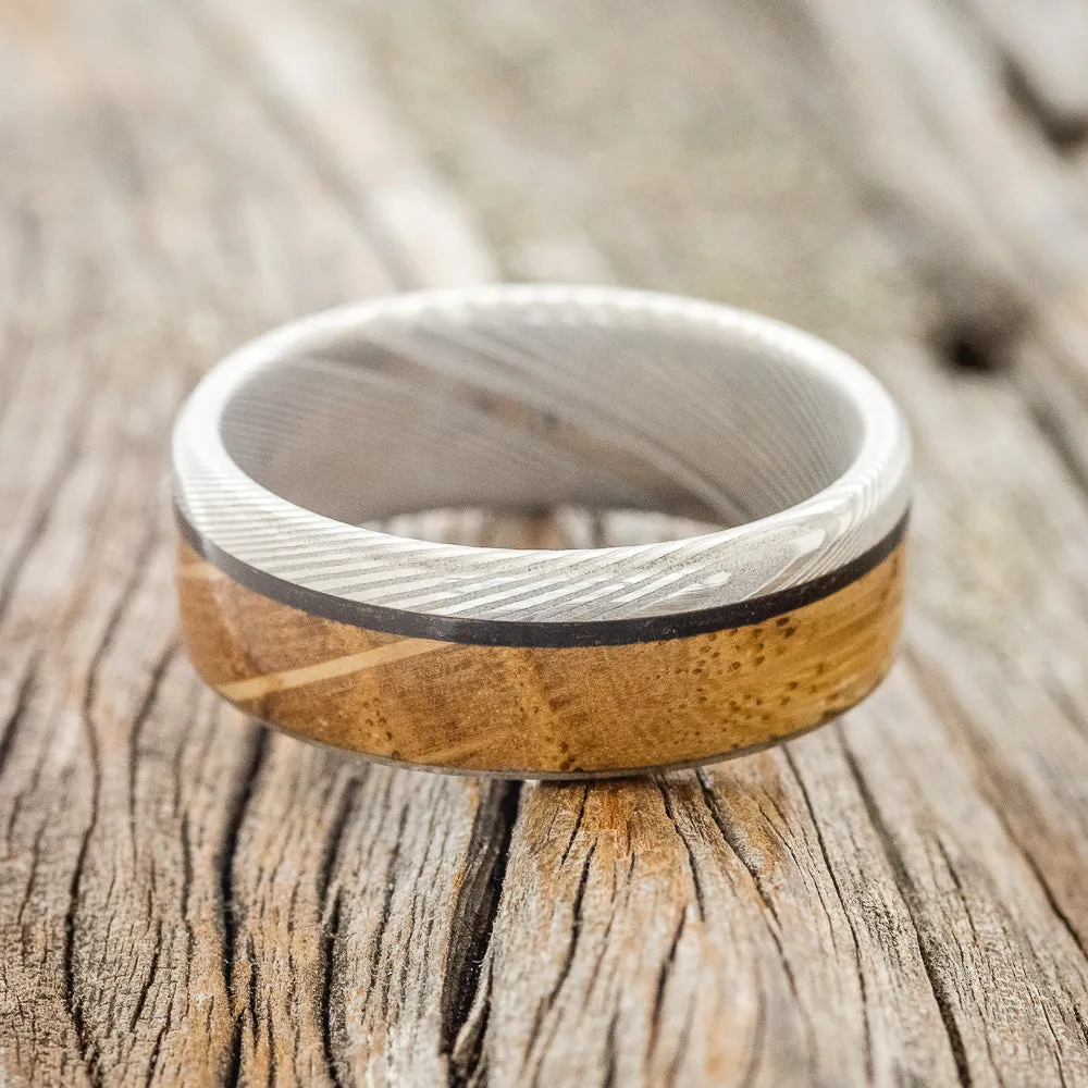 "EZRA" - WHISKEY BARREL & CHARRED WHISKEY BARREL WEDDING BAND - DAMASCUS STEEL - SIZE 10 1/2