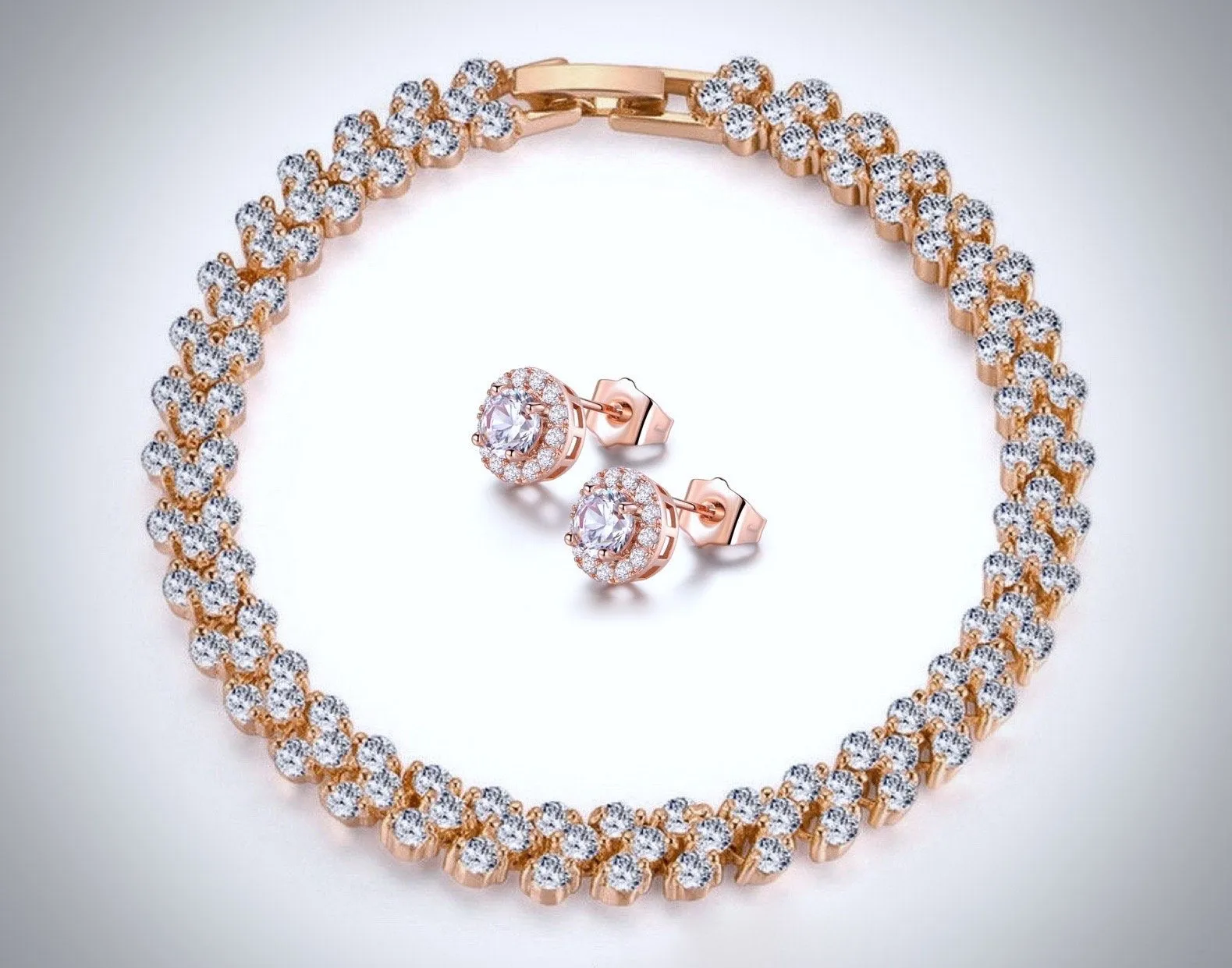 "Milan" - Cubic Zirconia Rose Gold Bracelet and Earrings Set