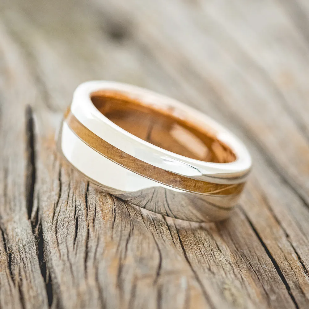 "VERTIGO" - WHISKEY BARREL OAK WEDDING RING WITH A 14K ROSE GOLD LINING - SILVER - SIZE 9 1/4