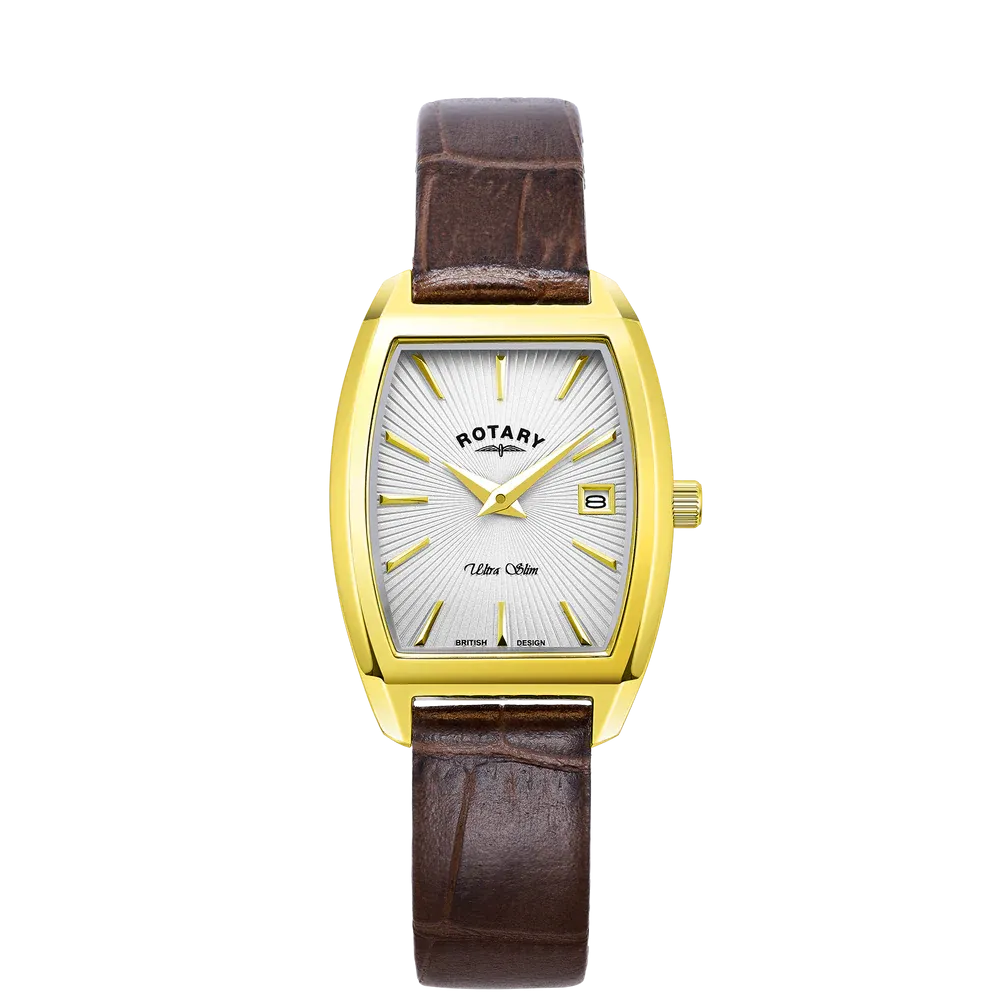 Rotary Gents Yellow Gold Plated Ultra Slim Brown Leather Watch