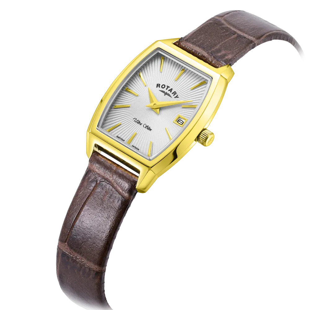 Rotary Gents Yellow Gold Plated Ultra Slim Brown Leather Watch