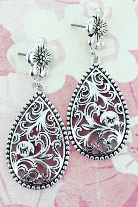 SALE! Silvertone Floral Scroll Teardrop Earrings