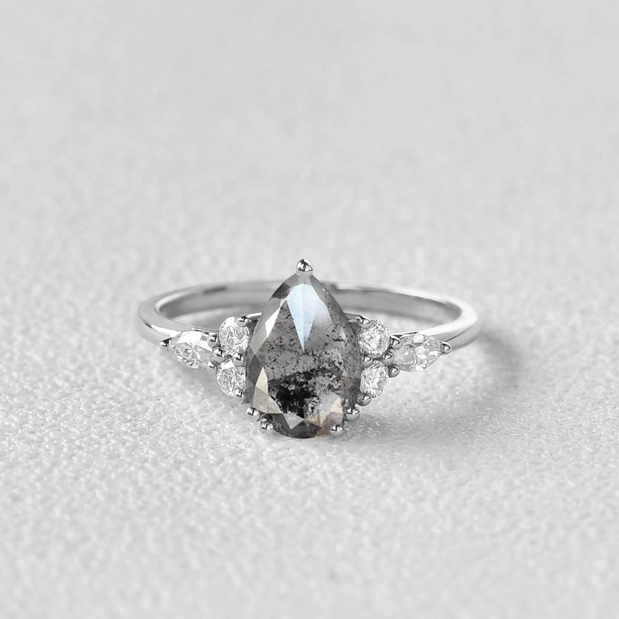 Salt and Pepper Diamonds Pear Cut Engagement Ring