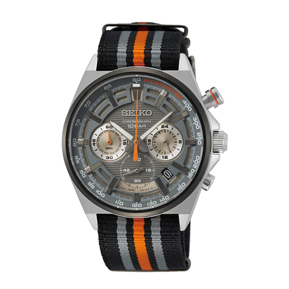 Seiko Mens Gray Dial Black Nylon Orange Stripes Band Chronograph Quartz Watch - SSB403