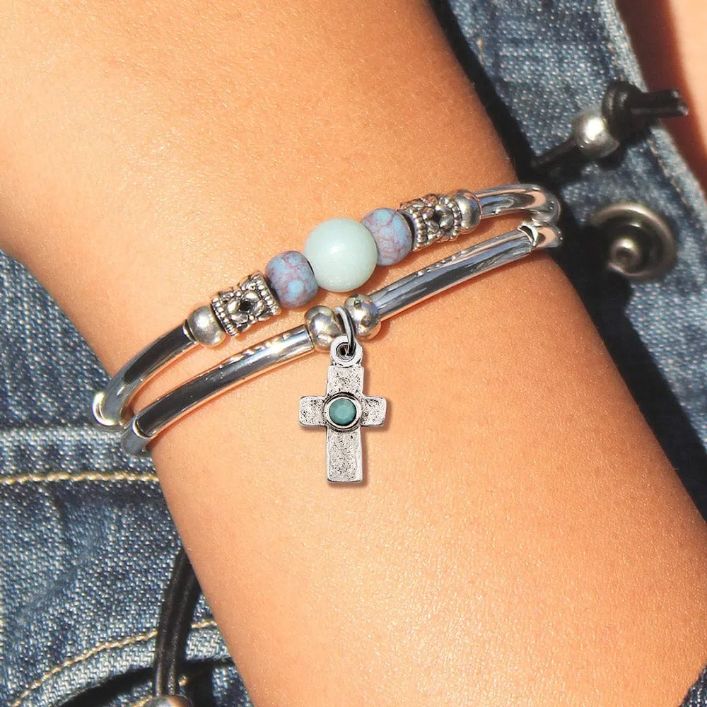 Silver Cross Charm w Turquoise Crystal