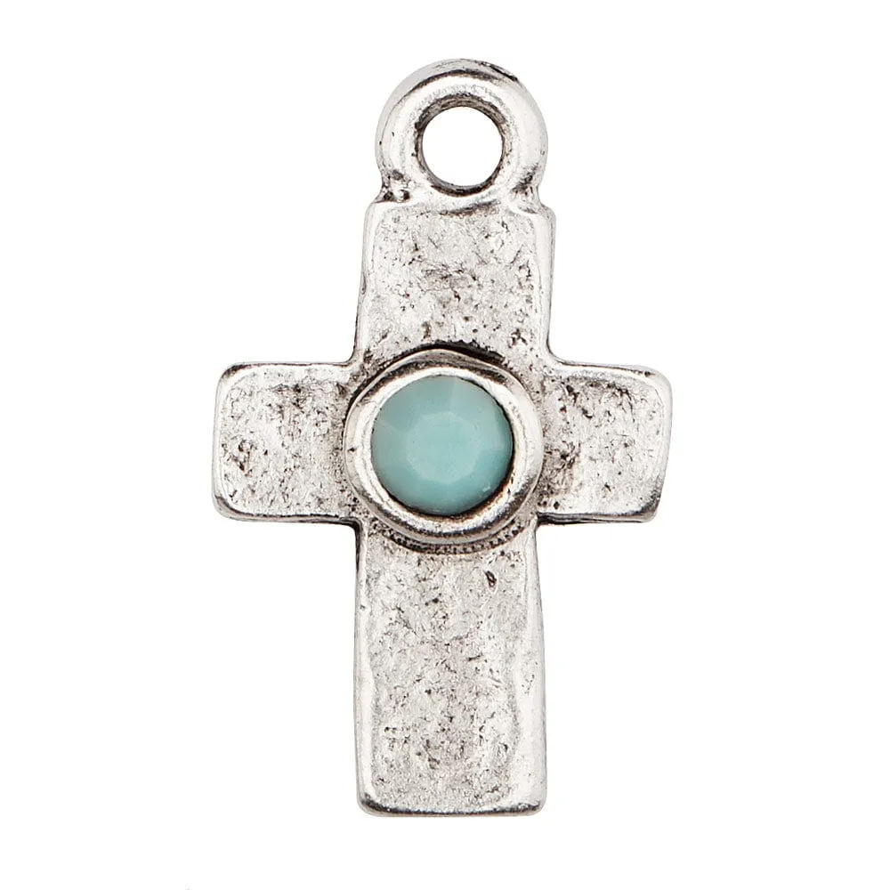 Silver Cross Charm w Turquoise Crystal