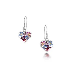 Silver Drop Heart Earrings with tiny purple Flowers by Shrieking Violet