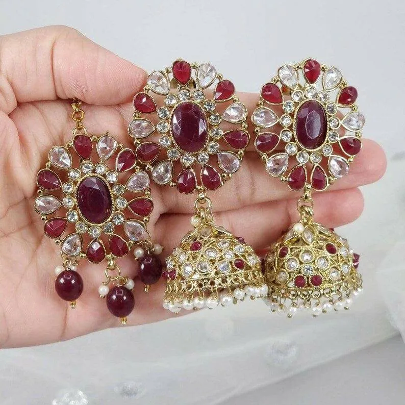 Sumbul Antique Gold Jhumki Tikka Set Maroon