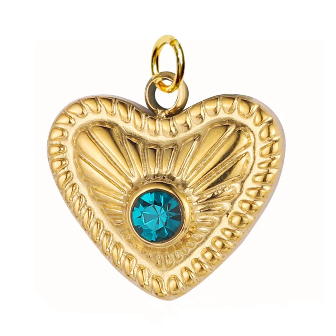 Teal Zircon Heart Charm For Charm Necklace