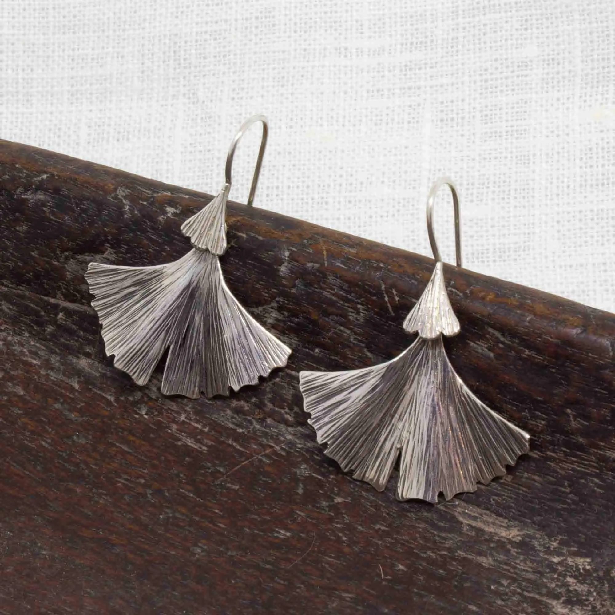 Textured Ginkgo Earrings in Sterling Silver