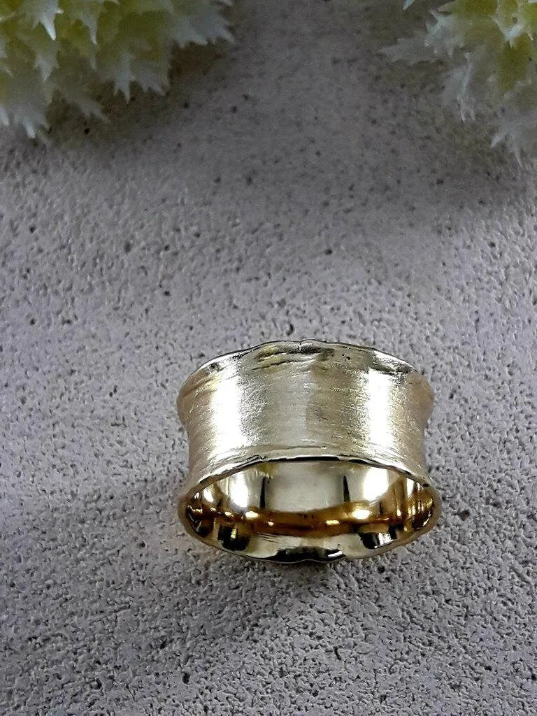 Unique Handcrafted Wide Hammered Wedding Ring Solid 14 Karat Yellow Gold Special Brush Finish, Statement Ring,Unique Bohemian Unisex Ring