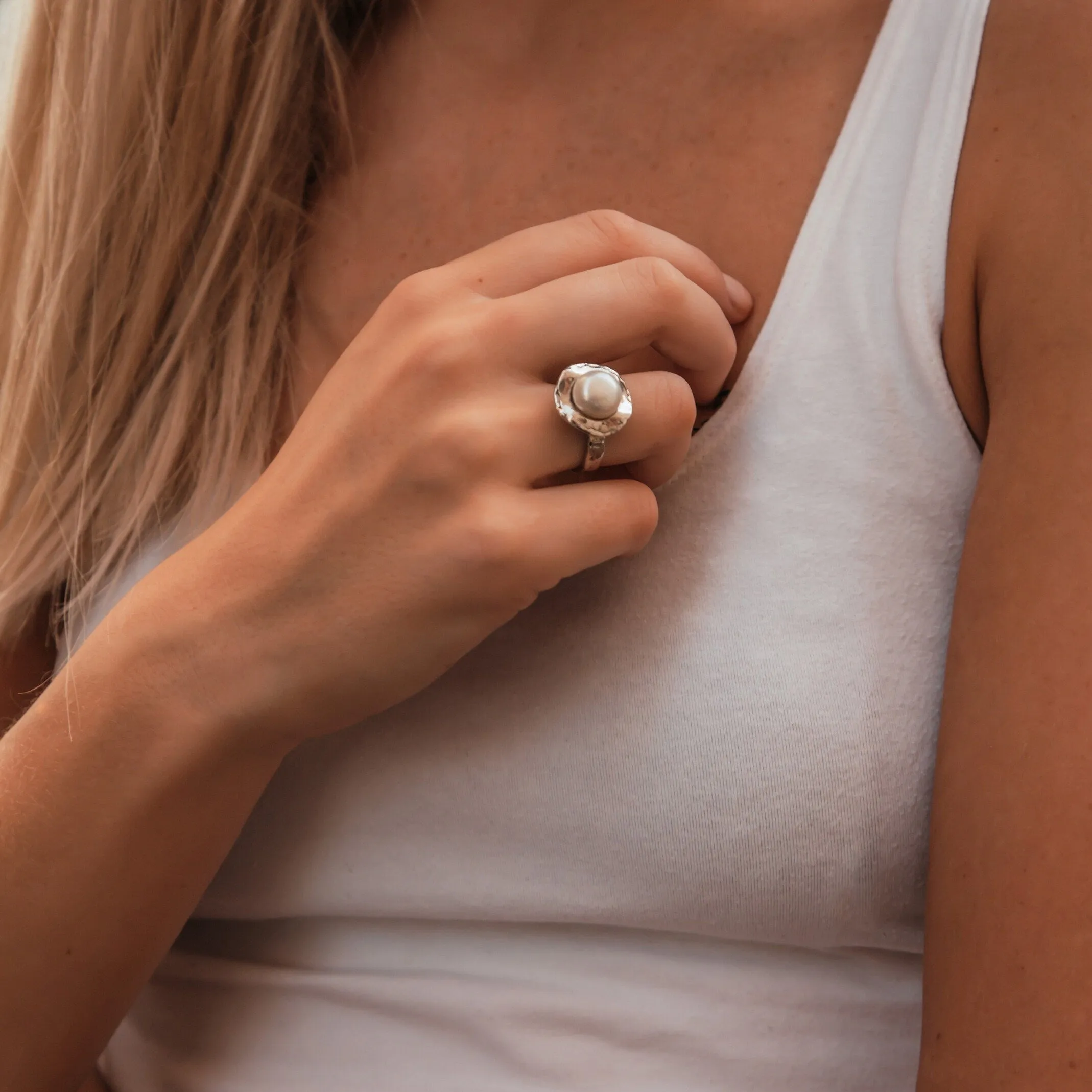 Unique White Pearl Statment Ring  925 Sterling Silver