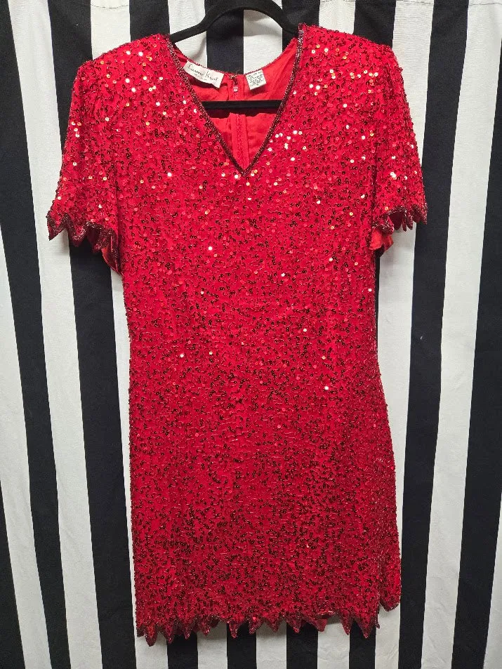 Vintage 90s Red Beaded Silk Dress