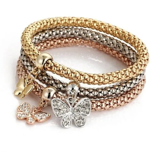 Women Gold SIlver Rose Gold Chain Multilayer Butterfly Heart Circle Life Tree Locket Stretch Bracelet