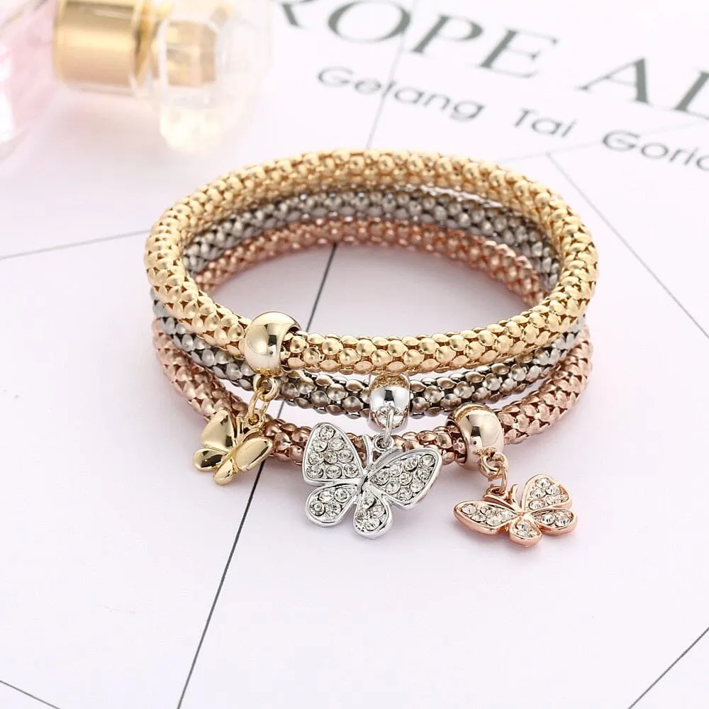 Women Gold SIlver Rose Gold Chain Multilayer Butterfly Heart Circle Life Tree Locket Stretch Bracelet