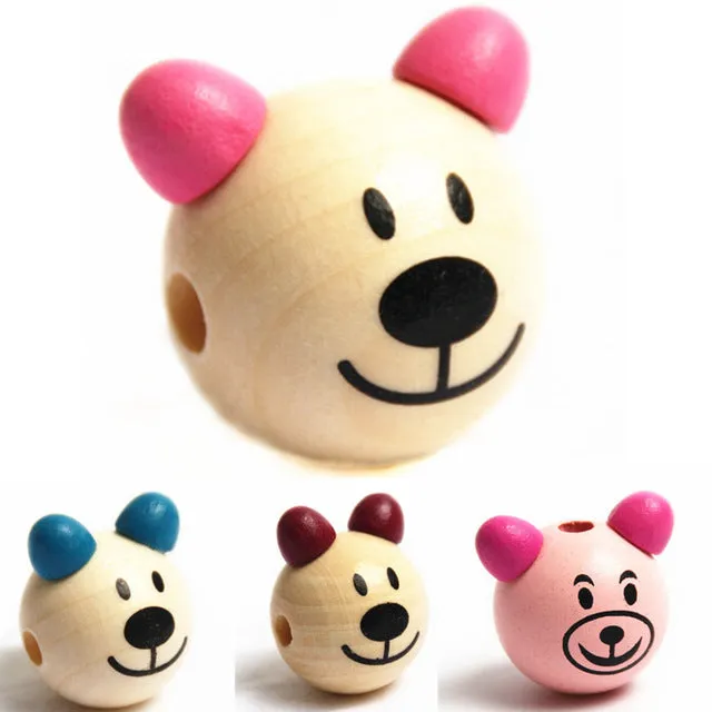 Wooden Cartoon 5Pcs 3D Bear Beads Ball Smiling Face Wood Beads DIY Pacifier Clip & Jewelry For Children Kids Beads Craft