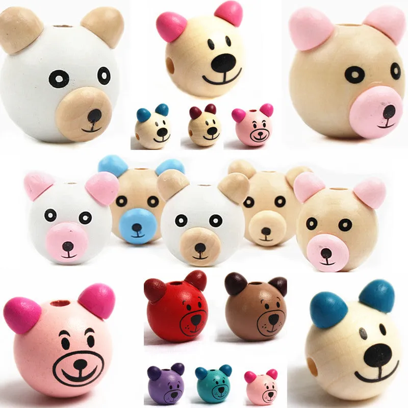 Wooden Cartoon 5Pcs 3D Bear Beads Ball Smiling Face Wood Beads DIY Pacifier Clip & Jewelry For Children Kids Beads Craft