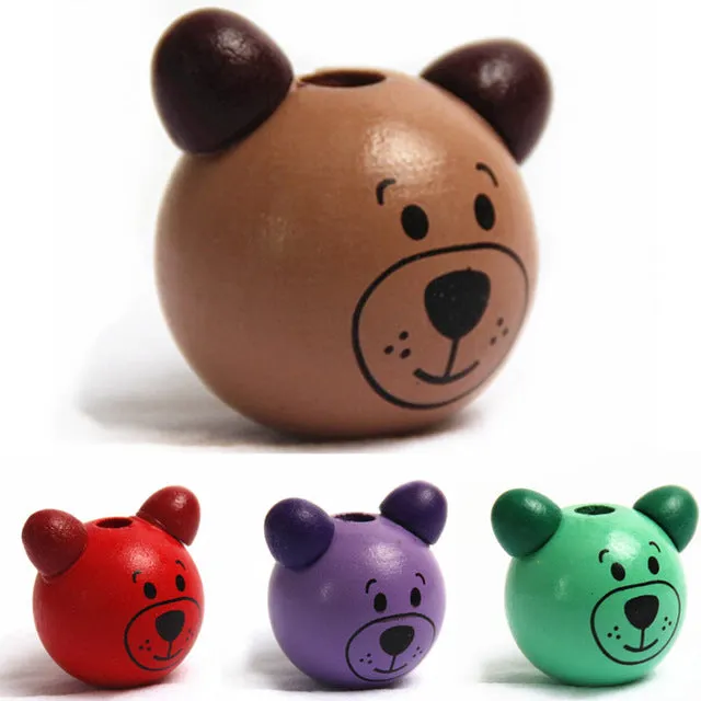 Wooden Cartoon 5Pcs 3D Bear Beads Ball Smiling Face Wood Beads DIY Pacifier Clip & Jewelry For Children Kids Beads Craft