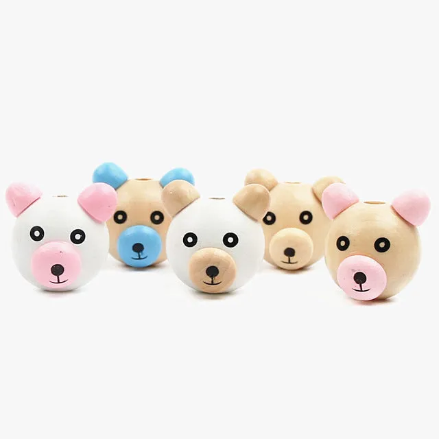 Wooden Cartoon 5Pcs 3D Bear Beads Ball Smiling Face Wood Beads DIY Pacifier Clip & Jewelry For Children Kids Beads Craft